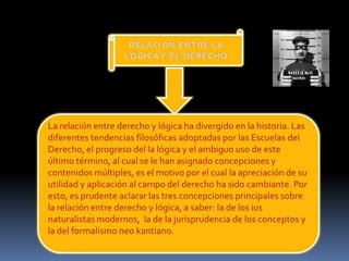 RELACIÓN ENTRE LA LÓGICA Y EL DERECHOLa relación entre derecho y lógica ha divergido en la historia. Las diferentes tendencias filosóficas adoptadas por las Escuelas del Derecho, el progreso del la lógica y el ambiguo uso de este último término, al cual se le han asignado concepciones y contenidos múltiples, es el motivo por el cual la apreciación de su utilidad y aplicación al campo del derecho ha sido cambiante. Por esto, es prudente aclarar las tres concepciones principales sobre la relación entre derecho y lógica, a saber: la de los ius naturalistas modernos,  la de la jurisprudencia de los conceptos y la del formalismo neo kantiano.