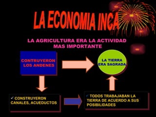 CONTRUYERON LOS ANDENES LA TIERRA ERA SAGRADA LA AGRICULTURA ERA LA ACTIVIDAD MAS IMPORTANTE TODOS TRABAJABAN LA TIERRA DE ACUERDO A SUS POSIBILIDADES CONSTRUYERON  CANALES, ACUEDUCTOS LA ECONOMIA INCA 