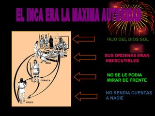 EL INCA ERA LA MAXIMA AUTORIDAD HIJO DEL DIOS SOL SUS ORDENES ERAN INDISCUTIBLES NO SE LE PODIA  MIRAR DE FRENTE NO RENDIA CUENTAS  A NADIE 