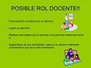 POSIBLE ROL DOCENTE!! Preocupación constante por su alumno. Lograr su atención. Realizar actividades que le permita a los alumnos interactuar entre sí. Seguimiento de sus actividades, saber si su alumno realmente comprende lo que se le esta enseñando. 