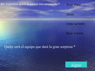 De Argentina quien te parece mas preparado * River Plate  Otros Velez sarsield  Boca Juniors Quién será el equipo que dará la gran sorpresa * sigue 