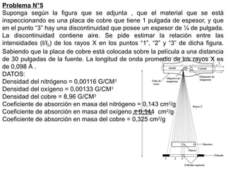 Problema N°5
Suponga según la figura que se adjunta , que el material que se está
inspeccionando es una placa de cobre que tiene 1 pulgada de espesor, y que
en el punto “3” hay una discontinuidad que posee un espesor de ¼ de pulgada.
La discontinuidad contiene aire. Se pide estimar la relación entre las
intensidades (I/I0) de los rayos X en los puntos “1”, “2” y “3” de dicha figura.
Sabiendo que la placa de cobre está colocada sobre la película a una distancia
de 30 pulgadas de la fuente. La longitud de onda promedio de los rayos X es
de 0,098 Å .
DATOS:
Densidad del nitrógeno = 0,00116 G/CM3
Densidad del oxígeno = 0,00133 G/CM3
Densidad del cobre = 8,96 G/CM3
Coeficiente de absorción en masa del nitrógeno = 0,143 cm2
/g
Coeficiente de absorción en masa del oxígeno = 0,144 cm2
/g
Coeficiente de absorción en masa del cobre = 0,325 cm2
/g
 
