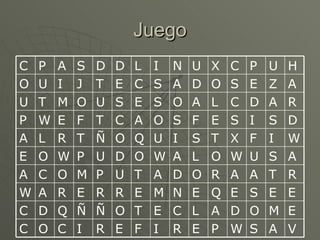 Juego V A S W P E R I F E R I C O C E M O D A L C E T O Ñ Ñ Q D C E E S E Q E N M E R R E R A W R T A A R O D A T U P M O C A A S U W O L A W O D U P W O E W I F X T S I U Q O Ñ T R L A D S I S E F S O A C T F E W P R A D C L A O S E S U O M T U A Z E S O D A S C E T J I U O H U P C X U N I L D D S A P C 