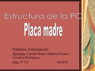 Profesora: Frida Espocito
Alumnas: Camila Mateo Débora Orosco
Carolina Rodriguez.
Año: 3º T.C                 04/2010
 