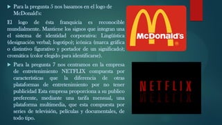  Para la pregunta 5 nos basamos en el logo de
McDonald's:
El logo de ésta franquicia es reconocible
mundialmente. Mantiene los signos que integran una
el sistema de identidad corporativa: Lingüística
(designación verbal; logotipo); icónica (marca gráfica
o distintivo figurativo y portador de un significado);
cromática (color elegido para identificarse).
 Para la pregunta 7 nos centramos en la empresa
de entretenimiento NETFLIX compuesta por
características que la diferencia de otras
plataformas de entretenimiento por no tener
publicidad Esta empresa proporciona a su publico
preferente, mediante una tarifa mensual, una
plataforma multimedia, que esta compuesta por
series de televisión, películas y documentales, de
todo tipo.
 