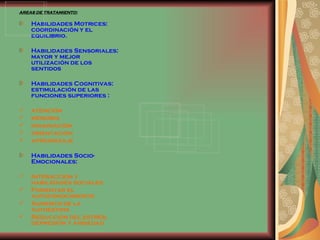 AREAS DE TRATAMIENTO: Habilidades Motrices: coordinación y el equilibrio. Habilidades Sensoriales: mayor y mejor utilización de los sentidos  Habilidades Cognitivas: estimulación de las funciones superiores :  atención memoria  imaginación  orientación  aprendizaje  Habilidades Socio-Emocionales: Interacción y habilidades sociales  Fomentar el autoconocimiento Aumento de la autoestima Reducción del estrés, depresión y ansiedad 