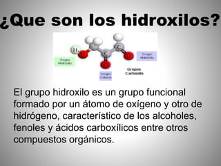 ¿Que son los hidroxilos?
El grupo hidroxilo es un grupo funcional
formado por un átomo de oxígeno y otro de
hidrógeno, característico de los alcoholes,
fenoles y ácidos carboxílicos entre otros
compuestos orgánicos.
 