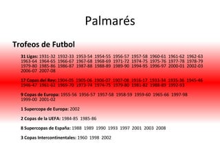 Palmarés Trofeos de Futbol 31 Ligas:  1931-32  1932-33  1953-54  1954-55  1956-57  1957-58  1960-61  1961-62  1962-63  1963-64  1964-65  1966-67  1967-68  1968-69  1971-72  1974-75  1975-76  1977-78  1978-79  1979-80  1985-86  1986-87  1987-88  1988-89  1989-90  1994-95  1996-97  2000-01  2002-03  2006-07  2007-08  17 Copas del Rey:  1904-05  1905-06  1906-07  1907-08  1916-17  1933-34  1935-36  1945-46  1946-47  1961-62  1969-70  1973-74  1974-75  1979-80  1981-82  1988-89  1992-93  9 Copas de Europa:  1955-56  1956-57  1957-58  1958-59  1959-60  1965-66  1997-98  1999-00  2001-02  1 Supercopa de Europa:  2002  2 Copas de la UEFA:  1984-85  1985-86  8 Supercopas de España:  1988  1989  1990  1993  1997  2001  2003  2008  3 Copas Intercontinentales:  1960  1998  2002   