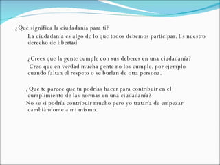 ¿Qué significa la ciudadanía para ti?  La ciudadanía es algo de lo que todos debemos participar. Es nuestro derecho de libertad ¿Crees que la gente cumple con sus deberes en una ciudadanía? Creo que en verdad mucha gente no los cumple, por ejemplo  cuando faltan el respeto o se burlan de otra persona. ¿Qué te parece que tu podrías hacer para contribuir en el cumplimiento de las normas en una ciudadanía? No se si podría contribuir mucho pero yo trataría de empezar cambiándome a mi mismo. 
