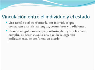 Vinculación entre el individuo y el estado Una nación está conformada por individuos que comparten una misma lengua, costumbres y tradiciones. Cuando un gobierno ocupa territorio, da leyes y las hace cumplir, es decir, cuando una nación se organiza políticamente, se conforma un estado 