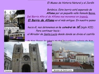 LISBOA: El Barrio Alto   es el más castizo y nos encontramos :   El Museo de Historia Natural y el Jardín    Botánico. Este barrio está separado de    Alfama  por un pequeño valle llamado  Baixa.   Del Barrio Alto al de Alfama nos movemos en  tranvía.     El Barrio de Alfama  es el más antiguo. En nuestro paseo    hacia él, nos detenemos en  la catedral   de SÉ  (siglo XII)   . Para continuar hacia :   el Mirador de  Santa Lucía  desde donde se divisa el castillo    de  San Jorge , la iglesia de Santa Lucía y la  iglesia de San     Vicente de Fora   con un claustro Agustino.   Plaza de San Pablo Mirador de Santa Lucía Catedral 