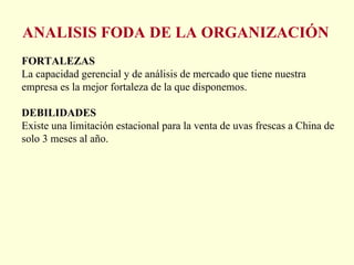 ANALISIS FODA DE LA ORGANIZACIÓN FORTALEZAS La capacidad gerencial y de análisis de mercado que tiene nuestra empresa es la mejor fortaleza de la que disponemos. DEBILIDADES Existe una limitación estacional para la venta de uvas frescas a China de solo 3 meses al año. 