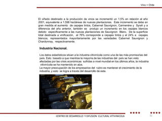 Vino + Chile El viñedo destinado a la producción de vinos se incrementó un 1,5% en relación al año 2001, equivalente a 1.598 hectáreas de nuevas plantaciones.  Este incremento se debe en gran medida al aumento  de cepajes tintos, Cabernet Sauvignon, Carmenère y  Syrah y a diferencia del año anterior, también se  produjo un incremento en los cepajes blancos debido  especificamente a las nuevas plantaciones de Sauvignon  Blanc.  De la superficie total destinada a vinificación,  el 76% corresponde a cepajes tintos y el 24% a  cepajes blancos, representados mayoritariamente por las variedades Cabernet Sauvignon y Chardonnay,  respectivamente. Industria Nacional. Los datos estadísticos sitúan a la industria vitivinícola como una de las más promisorias del país. Esto  basado a que mientras la mayoría de las industrias del  país se han visto afectadas por las crisis económicas  sufridas a nivel mundial en los últimos años, la industria  vitivinícola se ha mantenido en alza. La mayor preocupación de los empresarios del  rubro es mantener el crecimiento de la industria, y esto  se logra a través del desarrollo de esta. CENTRO DE DESARROLLO  Y DIFUSION  CULTURAL VITIVINICOLA 