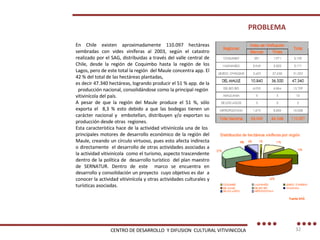 PROBLEMA En Chile existen aproximadamente 110.097 hectáreas sembradas con vides viníferas al 2003, según el catastro realizado por el SAG, distribuidas a través del valle central de Chile, desde la región de Coquimbo hasta la región de los Lagos, pero de este total la región  del Maule concentra app. El 42 % del total de las hectáreas plantadas, es decir 47.340 hectáreas, logrando producir el 51 % app. de la  producción nacional, consolidándose como la principal región  vitivinícola del país. A pesar de que la región del Maule produce el 51 %, sólo exporta el  8,3 % esto debido a que las bodegas tienen un carácter nacional y  embotellan, distribuyen y/o exportan su producción desde otras  regiones. Esta característica hace de la actividad vitivinícola una de los  principales motores de desarrollo económico de la región del Maule, creando un círculo virtuoso, pues esto afecta indirecta o directamente  el desarrollo de otras actividades asociadas a la actividad vitivinícola  como el turismo, aspecto trascendente dentro de la política de  desarrollo turístico  del plan maestro de SERNATUR. Dentro de este  marco se encuentra en desarrollo y consolidación un proyecto  cuyo objetivo es dar  a conocer la actividad vitivinícola y otras actividades culturales y turísticas asociadas. CENTRO DE DESARROLLO  Y DIFUSION  CULTURAL VITIVINICOLA 