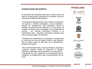 Condicionantes del problema El incremento de la actividad vitivinícola en chile ha traído una serie de consecuencias importantes de considerar, pues son claves para la definición del problema: •  Incremento de plantaciones de vides viníferas en superficies  de pequeña y mediana envergadura, cuyos propietarios  carecen de infraestructura para vinificación, porque la cantidad  de producción es tan reducida (1 a 10 Há) que no es rentable  la inversión para una bodega, o que simplemente no cuentan  con recursos económicos, técnicos ni la asociatividad entre  pequeños productores necesaria para crear su propia bodega  de vinificación. •  Existencia de infraestructura en mal estado u obsoleta para la  producción de vinos de calidad. Debido a este problema  sólo se puede ocupar un 60% App. de la infraestructura  existente en la región. •  Por lo anteriormente dicho, muchos productores, pequeños y  medianos, deberán vender su producción a grandes empresas  productoras, esto obviamente a un menor precio. •  Necesidad de crear programas de asociatividad para la  instalación de infraestructura para el procesamiento de los  vinos. PROBLEMA CENTRO DE DESARROLLO  Y DIFUSION  CULTURAL VITIVINICOLA 