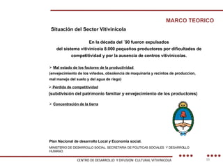 Situación del Sector Vitivinícola Mal estado de los factores de la productividad  (envejecimiento de los viñedos, obsolencia de maquinaria y recintos de produccion,  mal manejo del suelo y del agua de riego) Pérdida de competitividad (subdivisión del patrimonio familiar y envejecimiento de los productores) Concentración de la tierra En la década del ´90 fueron expulsados del sistema vitivinícola 8.000 pequeños productores por dificultades de competitividad y por la ausencia de centros vitivinícolas. MARCO TEORICO MINISTERIO DE DESARROLLO SOCIAL. SECRETARIA DE POLITICAS SOCIALES  Y DESARROLLO HUMANO. Plan Nacional de desarrollo Local y Economía social. CENTRO DE DESARROLLO  Y DIFUSION  CULTURAL VITIVINICOLA 