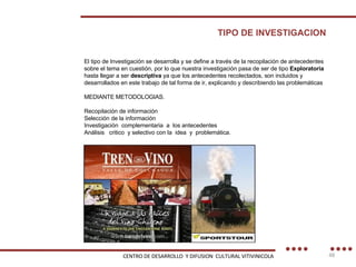 TIPO DE INVESTIGACION CENTRO DE DESARROLLO  Y DIFUSION  CULTURAL VITIVINICOLA El tipo de Investigación se desarrolla y se define a través de la recopilación de antecedentes  sobre el tema en cuestión, por lo que nuestra investigación pasa de ser de tipo  Exploratoria  hasta llegar a ser  descriptiva  ya que los antecedentes recolectados, son incluidos y  desarrollados en este trabajo de tal forma de ir, explicando y describiendo las problemáticas  MEDIANTE METODOLOGIAS.  Recopilación de información Selección de la información Investigación  complementaria  a  los antecedentes  Análisis  critico  y selectivo con la  idea  y  problemática. 