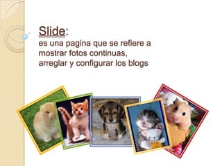Slide:es una pagina que se refiere a mostrar fotos continuas,  arreglar y configurar los blogs 