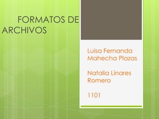 FORMATOS DE
ARCHIVOS

                 Luisa Fernanda
                 Mahecha Plazas

                 Natalia Linares
                 Romero

                 1101
 
