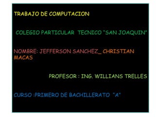 TRABAJO DE COMPUTACION


COLEGIO PARTICULAR TECNICO “SAN JOAQUIN”


NOMBRE: JEFFERSON SANCHEZ_ CHRISTIAN
MACAS


           PROFESOR : ING. WILLIANS TRELLES


CURSO :PRIMERO DE BACHILLERATO “A”
 