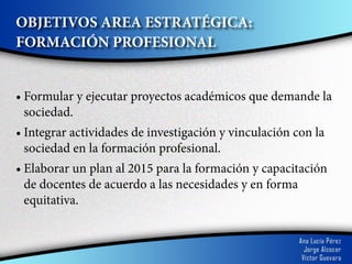 OBJETIVOS AREA ESTRATÉGICA:
FORMACIÓN PROFESIONAL


•	Formular y ejecutar proyectos académicos que demande la
  sociedad.
•	Integrar actividades de investigación y vinculación con la
  sociedad en la formación profesional.
•	Elaborar un plan al 2015 para la formación y capacitación
  de docentes de acuerdo a las necesidades y en forma
  equitativa.
 