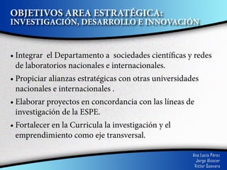 OBJETIVOS AREA ESTRATÉGICA:
INVESTIGACIÓN, DESARROLLO E INNOVACIÓN


•	Integrar el Departamento a sociedades científicas y redes
  de laboratorios nacionales e internacionales.	
•	Propiciar alianzas estratégicas con otras universidades
  nacionales e internacionales .
•	Elaborar proyectos en concordancia con las líneas de
  investigación de la ESPE.
•	Fortalecer en la Curricula la investigación y el
  emprendimiento como eje transversal.
 