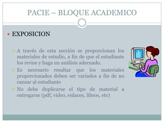 PACIE – BLOQUE ACADEMICO

 EXPOSICION


    A través de esta sección se proporcionan los
     materiales de estudio, a fin de que el estudiante
     los revise y haga un análisis adecuado.
    Es necesario resaltar que los materiales
     proporcionados deben ser variados a fin de no
     cansar al estudiante
    No debe duplicarse el tipo de material a
     entregarse (pdf, video, enlaces, libros, etc)
 