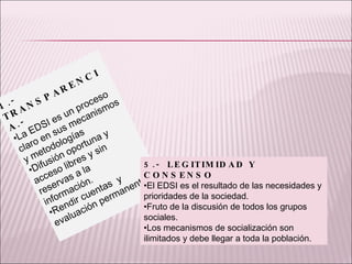 4.- TRANSPARENCIA.- La EDSI es un proceso claro en sus mecanismos y metodologías Difusión oportuna y acceso libres y sin reservas a la información. Rendir cuentas  y evaluación permanente. 5.-  LEGITIMIDAD Y CONSENSO  El EDSI es el resultado de las necesidades y prioridades de la sociedad. Fruto de la discusión de todos los grupos sociales. Los mecanismos de socialización son ilimitados y debe llegar a toda la población. 