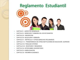    CAPITULO I – ASPECTOS GENERALES
   CAPITULO II - DERECHOS Y DEBERES DE LOS ESTUDIANTES
   CAPITULO III - INSCRIPCIÓN
   CAPITULO IV- SELECCIÓN Y ADMISIÓN
   CAPITULO V – MATRICULA Y OTROS DERECHOS PECUNIARIOS
   CAPITULO VI – TRANSFERENCIA DE OTRAS INSTITUCIONES DE EDUCACIÓN SUPERIOR
   CAPITULO VII- TRASLADO INTERNO
   CAPITULO VIII - REINTEGRO Y REINGRESO
   CAPITULO IX. INTERCAMBIO UNIVERSITARIO.
   CAPITULO X. HOMOLOGACION
   CAPITULO XI - REGIMEN ACADEMICO
 