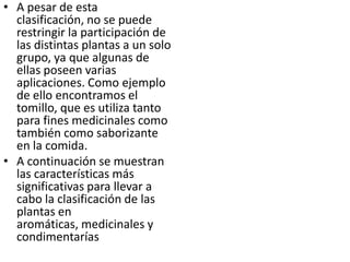 • A pesar de esta
  clasificación, no se puede
  restringir la participación de
  las distintas plantas a un solo
  grupo, ya que algunas de
  ellas poseen varias
  aplicaciones. Como ejemplo
  de ello encontramos el
  tomillo, que es utiliza tanto
  para fines medicinales como
  también como saborizante
  en la comida.
• A continuación se muestran
  las características más
  significativas para llevar a
  cabo la clasificación de las
  plantas en
  aromáticas, medicinales y
  condimentarías
 