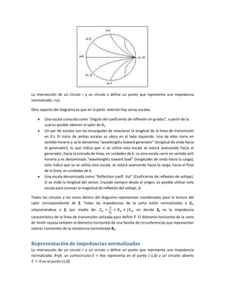La intersección de un círculo r y un círculo x define un punto que representa una impedancia
normalizada: r+jx.
Otro aspec...