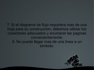   
7. Si el diagrama de flujo requiriera mas de una
hoja para su construccion, debemos utilizar los
conectores adecuados y enumerar las paginas
convenientemente.
8. No puede llegar mas de una linea a un
simbolo.
 