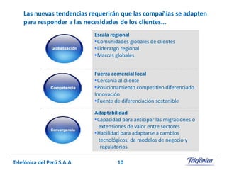 Las nuevas tendencias requerirán que las compañías se adapten
para responder a las necesidades de los clientes...
Escala regional
Comunidades globales de clientes
Liderazgo regional
Marcas globales
Fuerza comercial local
Cercanía al cliente
Posicionamiento competitivo diferenciado
Innovación
Fuente de diferenciación sostenible
Adaptabilidad
Capacidad para anticipar las migraciones o
extensiones de valor entre sectores
Habilidad para adaptarse a cambios
tecnológicos, de modelos de negocio y
regulatorios
Telefónica del Perú S.A.A

10

 