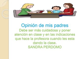 Opinión de mis padres 
Debe ser más cuidadosa y poner 
atención en clase y en las indicaciones 
que hace la profesora cuando les esta 
dando la clase. 
SANDRA PERDOMO 
 