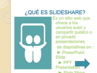 ¿QUÉ ES SLIDESHARE? 
Es un sitio web que 
ofrece a los 
usuarios subir y 
compartir publico o 
en privado 
presentaciones 
de diapositivas en : 
► PowerPoint 
Slide 
► PPT 
Presentation 
► Slide Show 
 