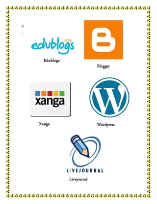 3.
.
Edublogs
Blogger
Xanga Wordpress
Livejournal
 