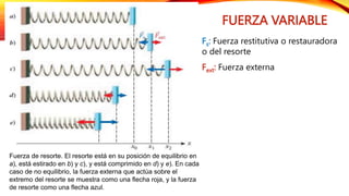 FUERZA VARIABLE
Fs: Fuerza restitutiva o restauradora
o del resorte
Fext: Fuerza externa
Fuerza de resorte. El resorte está en su posición de equilibrio en
a), está estirado en b) y c), y está comprimido en d) y e). En cada
caso de no equilibrio, la fuerza externa que actúa sobre el
extremo del resorte se muestra como una flecha roja, y la fuerza
de resorte como una flecha azul.
 