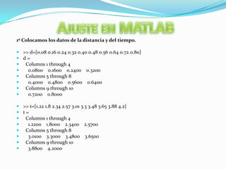 Ajuste en MATLAB1º Colocamos los datos de la distancia y del tiempo.>> d=[0.08 0.16 0.24 0.32 0.40 0.48 0.56 0.64 0.72 0.80]d =  Columns 1 through 4    0.0800    0.1600    0.2400    0.3200  Columns 5 through 8    0.4000    0.4800    0.5600    0.6400  Columns 9 through 10    0.7200    0.8000>> t=[1.22 1.8 2.34 2.57 3.01 3.3 3.48 3.65 3.88 4.2]t =  Columns 1 through 4    1.2200    1.8000    2.3400    2.5700  Columns 5 through 8    3.0100    3.3000    3.4800    3.6500  Columns 9 through 10    3.8800    4.2000