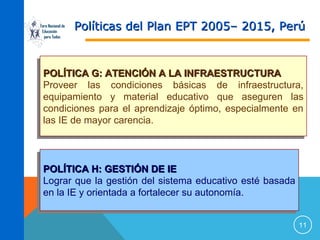 Foro Nacional de
Educación
para Todos

Políticas del Plan EPT 2005– 2015, Perú

POLÍTICA G: ATENCIÓN A LA INFRAESTRUCTURA
POLÍTICA G: ATENCIÓN A LA INFRAESTRUCTURA
Proveer las condiciones básicas de infraestructura,
Proveer las condiciones básicas de infraestructura,
equipamiento y material educativo que aseguren las
equipamiento y material educativo que aseguren las
condiciones para el aprendizaje óptimo, especialmente en
condiciones para el aprendizaje óptimo, especialmente en
las IE de mayor carencia.
las IE de mayor carencia.

POLÍTICA H: GESTIÓN DE IE
POLÍTICA H: GESTIÓN DE IE
Lograr que la gestión del sistema educativo esté basada
Lograr que la gestión del sistema educativo esté basada
en la IE y orientada a fortalecer su autonomía.
en la IE y orientada a fortalecer su autonomía.
11

 