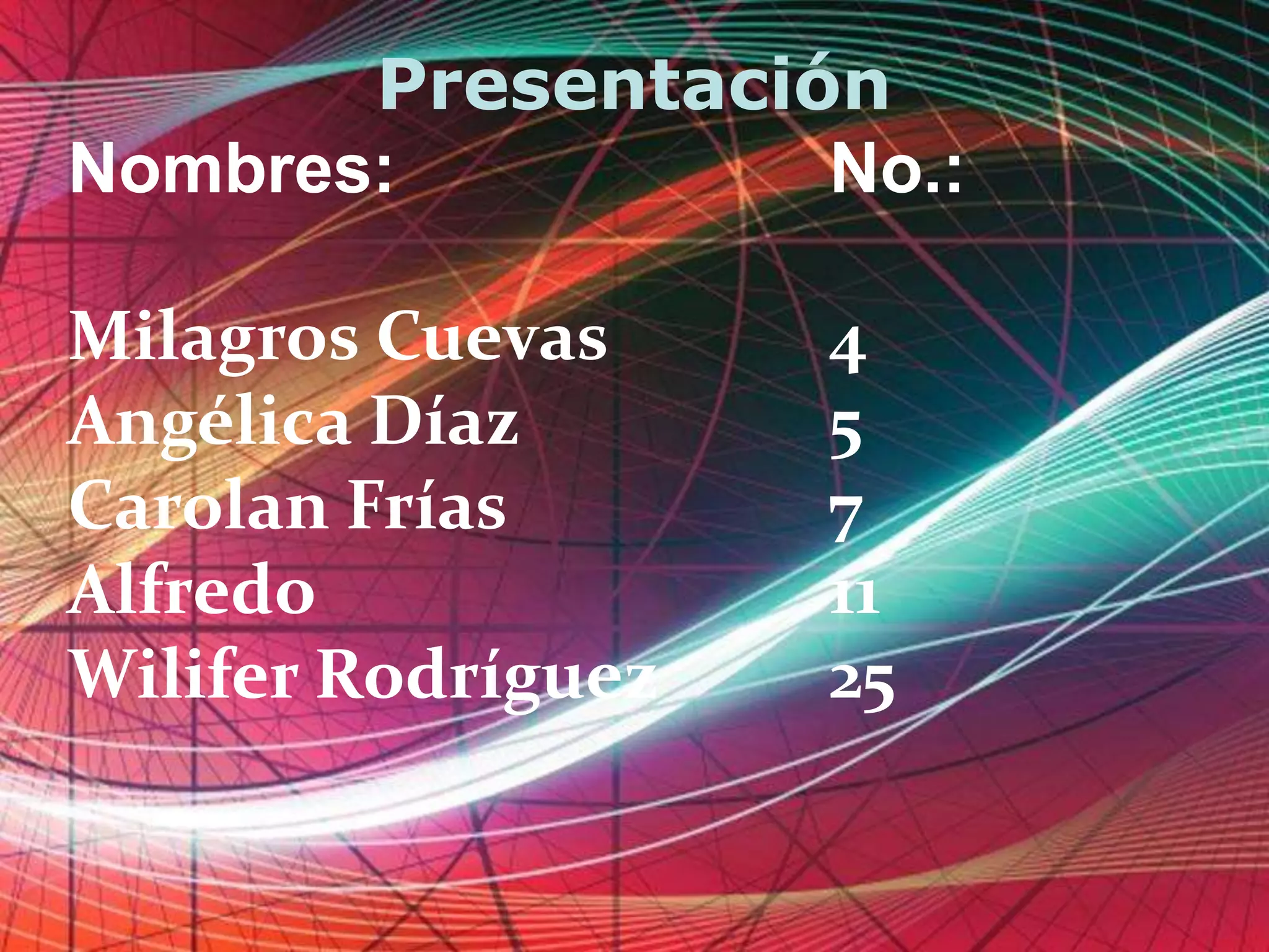 Page 1
Presentación
Nombres: No.:
Milagros Cuevas 4
Angélica Díaz 5
Carolan Frías 7
Alfredo 11
Wilifer Rodríguez 25