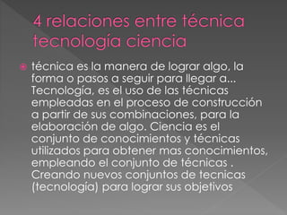  técnica es la manera de lograr algo, la
forma o pasos a seguir para llegar a...
Tecnología, es el uso de las técnicas
empleadas en el proceso de construcción
a partir de sus combinaciones, para la
elaboración de algo. Ciencia es el
conjunto de conocimientos y técnicas
utilizados para obtener mas conocimientos,
empleando el conjunto de técnicas .
Creando nuevos conjuntos de tecnicas
(tecnología) para lograr sus objetivos
 