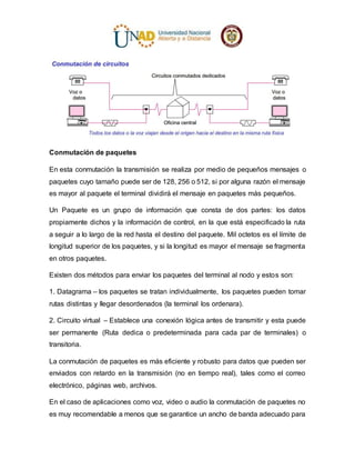 Conmutación de paquetes
En esta conmutación la transmisión se realiza por medio de pequeños mensajes o
paquetes cuyo tamaño puede ser de 128, 256 o 512, si por alguna razón el mensaje
es mayor al paquete el terminal dividirá el mensaje en paquetes más pequeños.
Un Paquete es un grupo de información que consta de dos partes: los datos
propiamente dichos y la información de control, en la que está especificado la ruta
a seguir a lo largo de la red hasta el destino del paquete. Mil octetos es el límite de
longitud superior de los paquetes, y si la longitud es mayor el mensaje se fragmenta
en otros paquetes.
Existen dos métodos para enviar los paquetes del terminal al nodo y estos son:
1. Datagrama – los paquetes se tratan individualmente, los paquetes pueden tomar
rutas distintas y llegar desordenados (la terminal los ordenara).
2. Circuito virtual – Establece una conexión lógica antes de transmitir y esta puede
ser permanente (Ruta dedica o predeterminada para cada par de terminales) o
transitoria.
La conmutación de paquetes es más eficiente y robusto para datos que pueden ser
enviados con retardo en la transmisión (no en tiempo real), tales como el correo
electrónico, páginas web, archivos.
En el caso de aplicaciones como voz, video o audio la conmutación de paquetes no
es muy recomendable a menos que se garantice un ancho de banda adecuado para
 