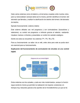 Hubo varios sistemas como el rotatorio y el de barras cruzadas entre muchos otros,
pero su funcionalidad siempre debía ser la misma, permitir identificar el número del
abonado que llamaba y realizar la clasificación de destino del número del abonado
de destino.
Ejemplo funcionamiento sistema rotativo
Este sistema utilizaba una red progresiva y con conmutadores (buscadores y
selectores), su control era progresivo e indirecto gracias al selector, realizando
impulsos inversos o directos y presentaba un control de carácter analógico.
Dentro de estos se encuentran los sistemas 7ª1, 7ª2, 7B y 7D.
Para su funcionamiento se valían de un relé, entre otros pero este se podía decir
era esencial para su funcionamiento.
Explicación del funcionamiento de conmutación de circuitos en una central
digital.
Estos sistemas son los actuales y cada vez más modernizados, aunque la función
sigue siendo la misma ya permiten la realización de mayores conexiones en
tiempos muy reducidos gracias a los aportes de la microelectrónica ya que se ha
 