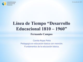 Línea de Tiempo “Desarrollo
Educacional 1810 – 1960”
Fernando Campos
Camila Rojas Peña
Pedagogía en educación básica con mención.
Fundamentos de la educación básica.
16 de julio de 2015
 