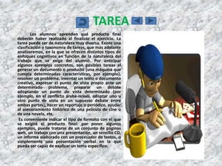TAREA
        Los alumnos aprenden qué producto final
deberán haber realizado al finalizar el ejercicio. La
tarea puede ser de naturaleza muy diversa. Existe una
clasificación o taxonomía de tareas, que más adelante
analizaremos, en la que se ofrecen distintos tipos de
enfoques cognitivos en función de la naturaleza del
trabajo que se exige del alumno. Por anticipar
algunos ejemplos concretos, son posibles tareas el
generar un documento o producto (una máquina que
cumpla determinadas características, por ejemplo),
resolver un problema, inventar un texto o documento
creativo, expresar el punto de vista propio ante un
determinado problema, preparar un debate
adoptando un punto de vista determinado (por
ejemplo, en el conflicto árabe-israelí, adoptar uno u
otro punto de vista en un supuesto debate entre
ambas partes), hacer un reportaje o periódico, ayudar
al asesoramiento histórico de una película de cine o
de una novela, etc.
 Es conveniente indicar el tipo de formato con el que
se exigirá el producto final: por poner algunos
ejemplos, puede tratarse de un conjunto de páginas
web, un trabajo con una presentación, un sencillo CD,
un informe elaborado con un procesador de textos, o
simplemente una presentación verbal en la que
pueda ser capaz de explicar un tema específico.
 