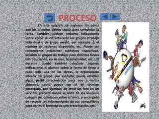 PROCESO
         En este epígrafe se sugieren los pasos
que los alumnos deben seguir para completar la
tarea. También podrán incluirse indicaciones
sobre cómo se estructurarán los grupos (trabajo
individual o de grupo medio, por ejemplo...), el
número de sesiones disponible, etc. Puede ser
conveniente establecer subtareas específicas,
división en grupos de trabajo para distintas tareas
(introduciendo, en su caso, la optatividad, etc.). El
docente puede también efectuar algunas
indicaciones al alumno sobre la forma de llevar a
cabo cada una de las tareas, la organización
interna del grupo: por ejemplo, puede establer
algún perfil característico para uno o varios
alumnos, como puede ser el de técnico:
encargado, por ejemplo, de crear un foro en un
servidor gratuito donde el resto de los alumnos
cuelgan sus opiniones sobre el tema, o encargado
de recoger las informaciones de sus compañeros
para darles el formato de una presentación, etc.
 