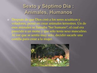 

Después de que Dios creó a los seres acuáticos y
voladores, pensó en crear animales terrestres. Un de
esos animales se llamaba "Ser humano", el cual era
parecido a un mono y que sólo tenía sexo masculino.
Al ver que se sentía muy solo, decidió sacarle una
costilla para crear a la mujer.

 