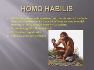 





El Homo Hablis es un homínido extinto que vivió en África desde
hace aproximadamente 1,9 hasta 1,6 millones de años antes del
presente, en las edades Gelasiense y Calabriense
Su nombre significa Hombre Hábil
Era carnívoro oportunista
Fabricaba utensilios de piedra

 