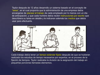 Taylor después de 12 años desarrollo un sistema basado en el concepto de
“tarea”, en el cual proponía que la administración de una empresa debía
encargarse de planear el trabajo de cada empleado por lo menos con un día
de anticipación, y que cada hombre debía recibir instrucciones por escrito que
describiera su tarea en detalle y le indicaran además los medios que debía
usar para efectuarla.

Cada trabajo debía tener un tiempo estándar fijado después de que se hubieran
realizado los estudios de tiempo necesarios por expertos; en el proceso de la
fijación de tiempos. Taylor realizaba la división de la asignación del trabajo en
pequeñas porciones llamadas elementos.

 