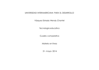 UNIVERSIDAD INTERAMERICANA PARA EL DESARROLLO
Vázquez Estrada Wendy Chantel
Tecnología educativa
Cuadro comparativo
Materia en línea
31- mayo- 2014
 